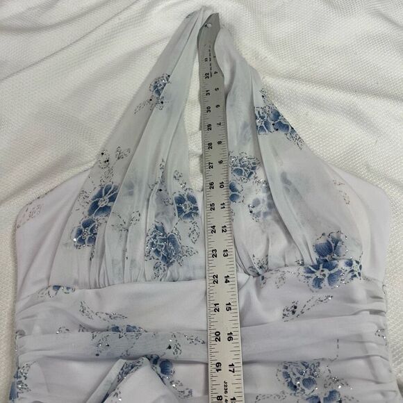 Y2K White Blue Halter Neck Ruffle Hem Dress - Picture 3 of 7